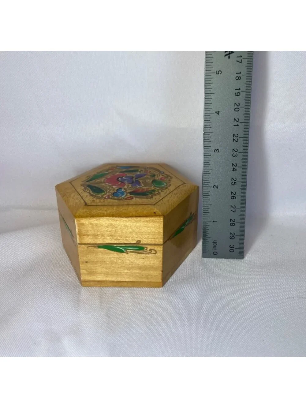 Vintage Polygon Shaped Wooden Trinket Box Painted Lacquer Floral Folk Art  1970s